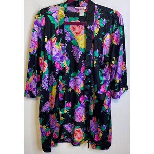 Vintage ROXANNE Nylon Floral Short Robe Nylon Black Bright Colors MEDIUM USA